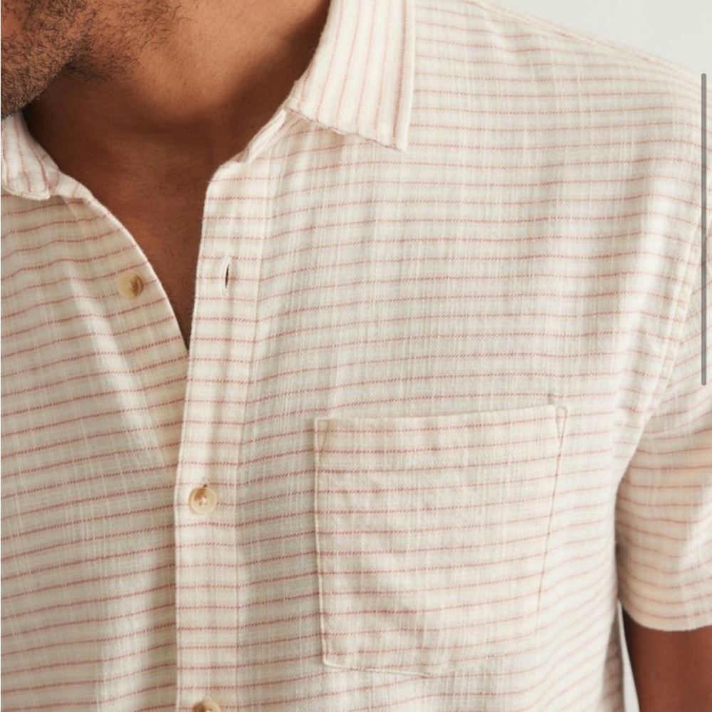 Marine Layer Stretch Selvage Short Sleeve Shirt / Warm Stripe Large - Picture 2 of 7